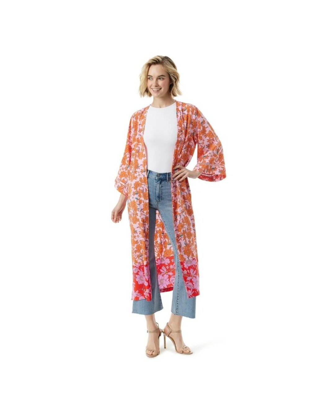 Jessica Simpson Floral Kimono Size 1X 2X Open Front Pink Orange Boho Cottagecore